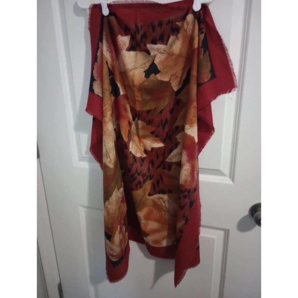 Vintage Autumn Maple Leaf‎ Scarf 35" Square Burgundy Rust Fall Foliage Fringe...